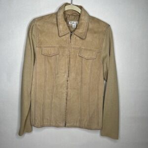 Coldwater Creek‎ Tan Suede Leather Ribbed Sleeve Full Zip Jacket 12 70s Style